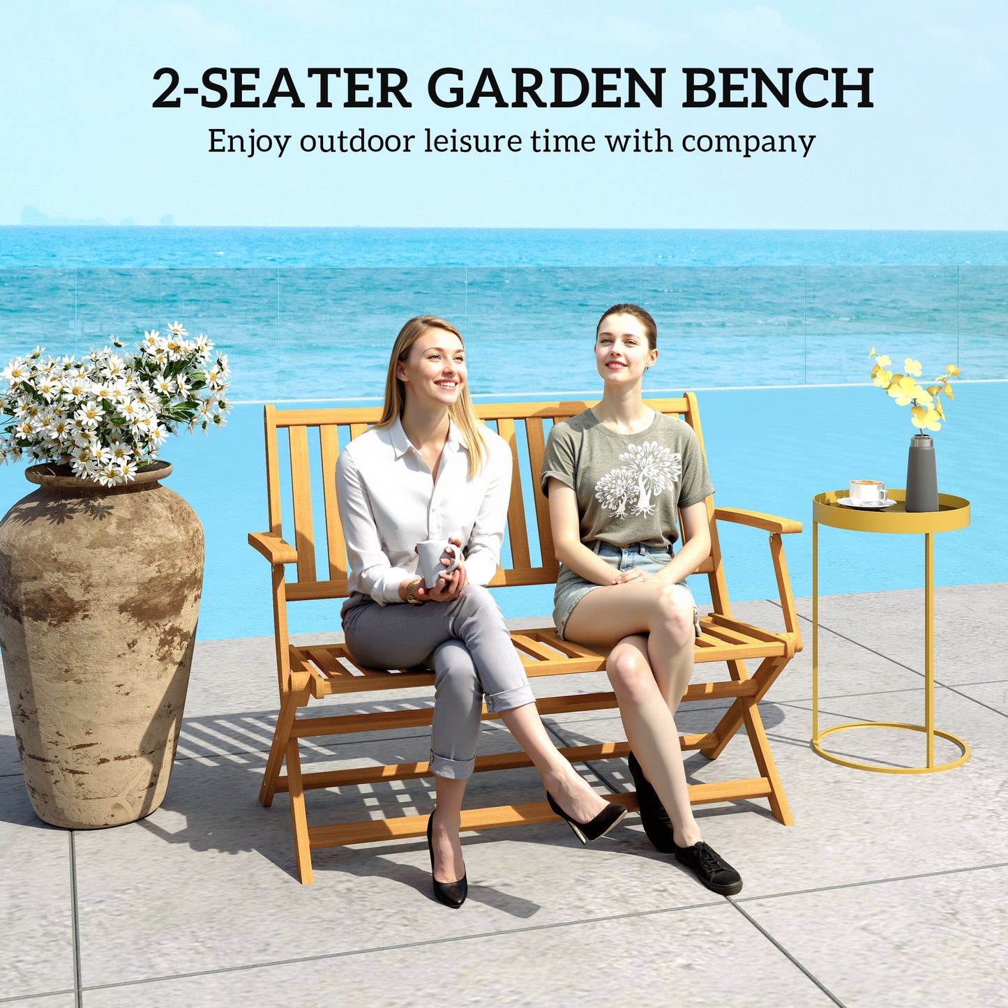 Foldable Acacia Wood Outdoor Bench with Backrest - Teak