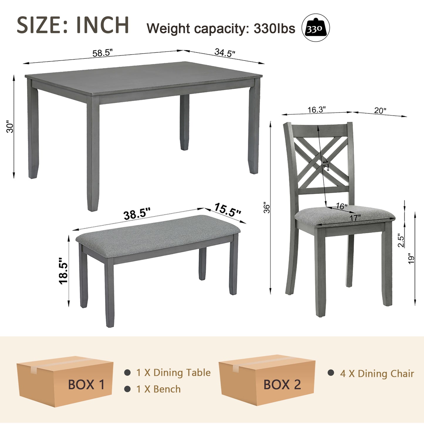 Rectangular Dining Table Set for 6 - Wooden Table with Upholstered Chairs & Bench - Grey