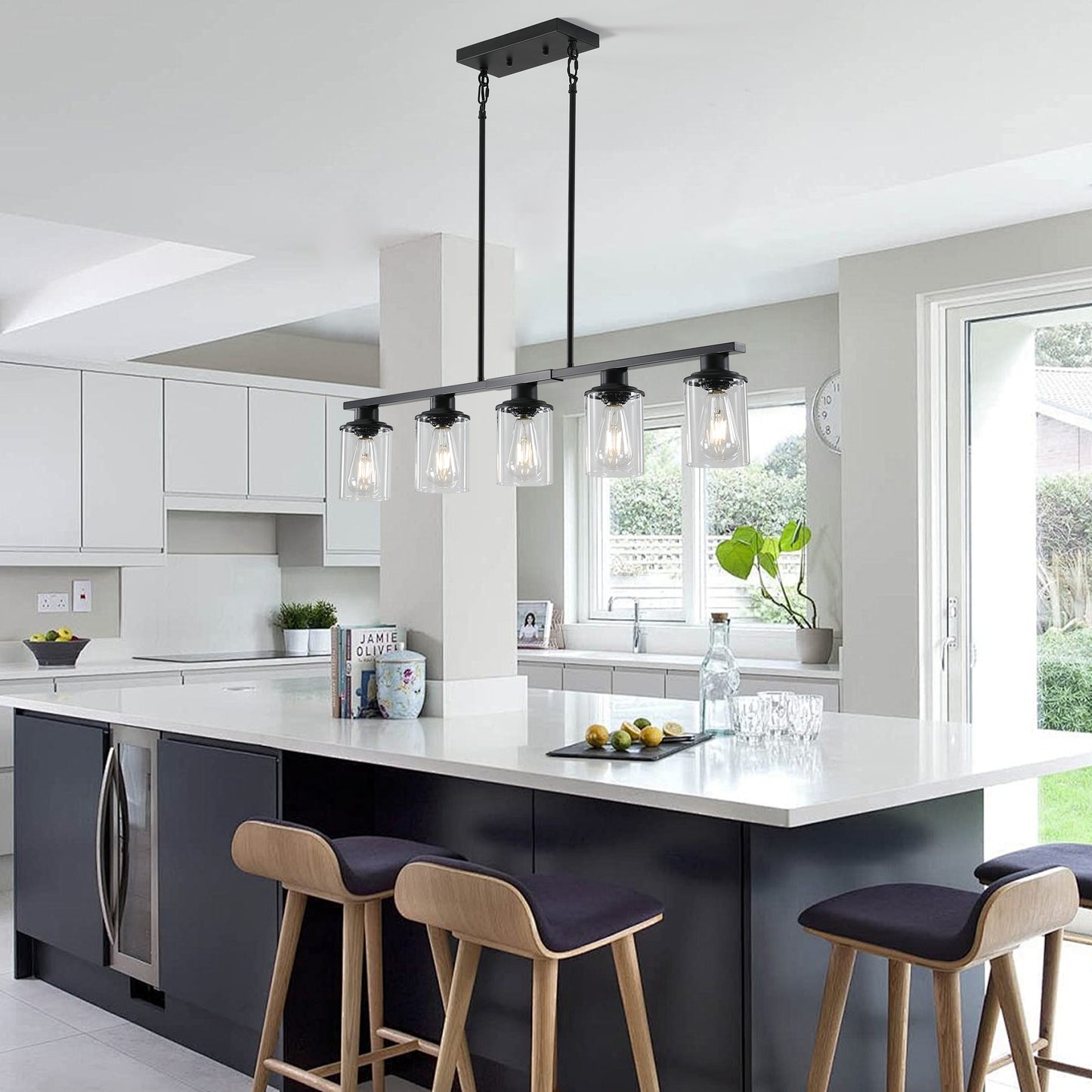 Modern Industrial 5-Light Chandelier - Matte Black & Glass Shades