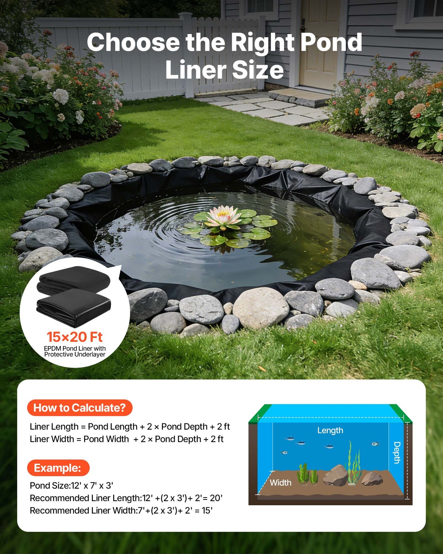 15x20 ft Pond Liner Kit with Underlayment - 45 Mil EPDM Waterproof for Outdoor Ponds
