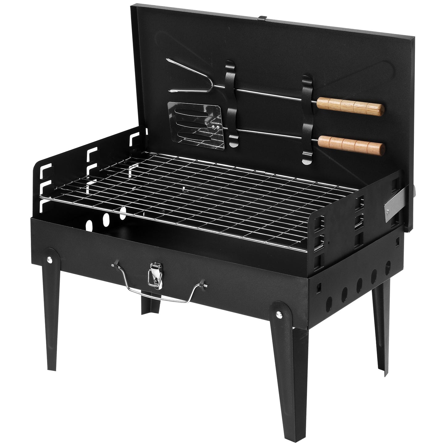 Portable Square Charcoal Grill with Adjustable Height - Black