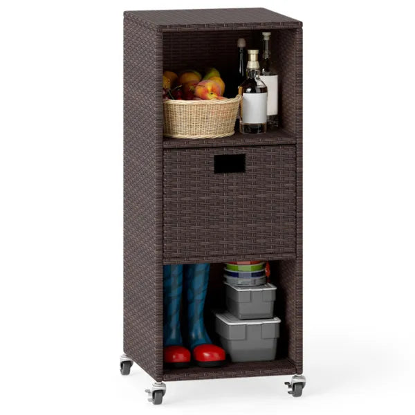 Outdoor Storage Cabinet with 3 Shelves, Drawer & Lockable Wheels