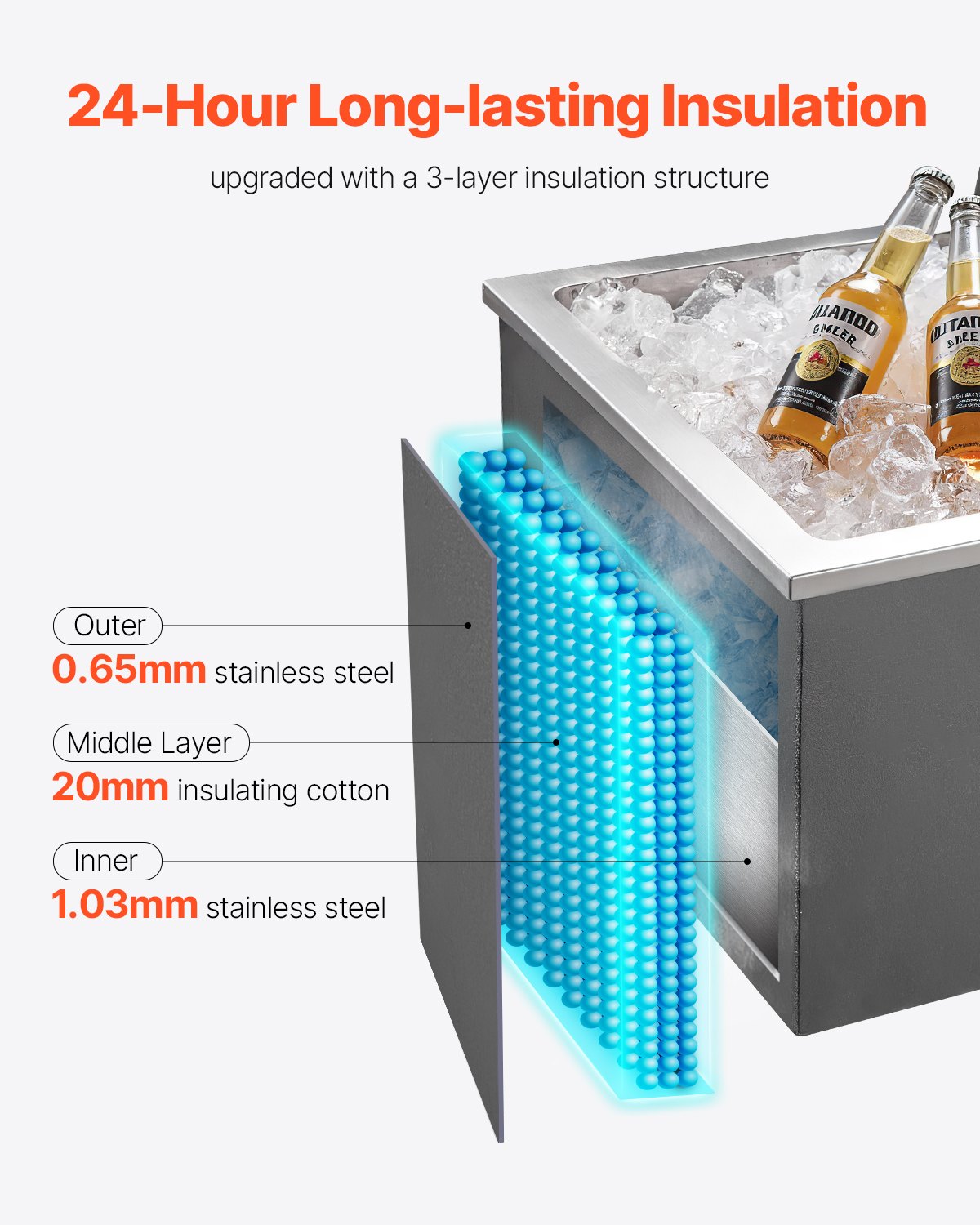 44.7 Qt Stainless Steel Drop-In Ice Bin Cooler - Large Capacity