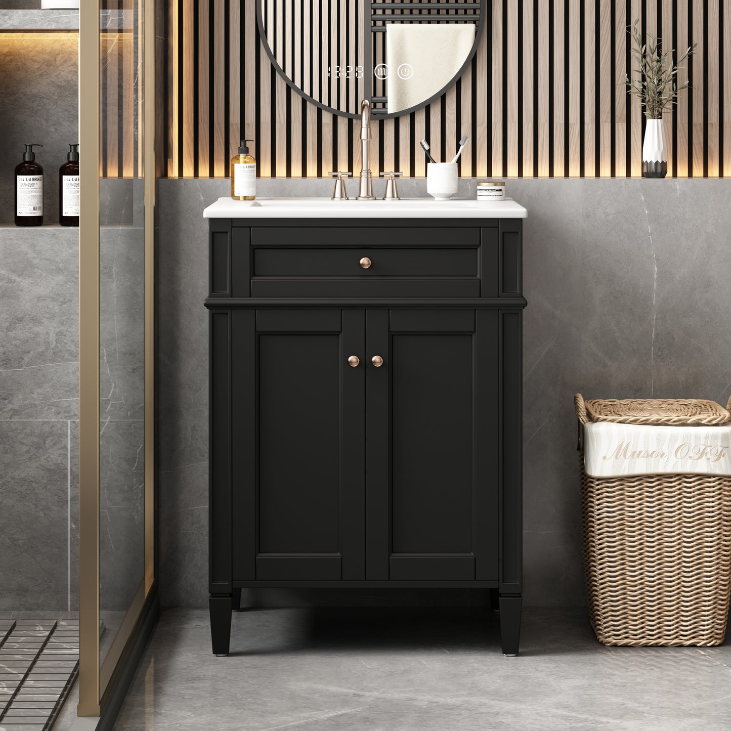 24" Black Bathroom Vanity with Soft-Close Doors & Storage