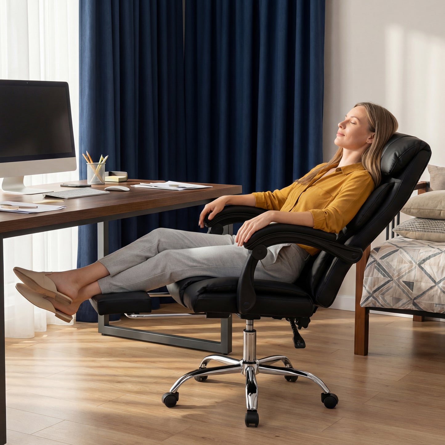 Adjustable Height Executive Office Chair with Foot Rest - Black