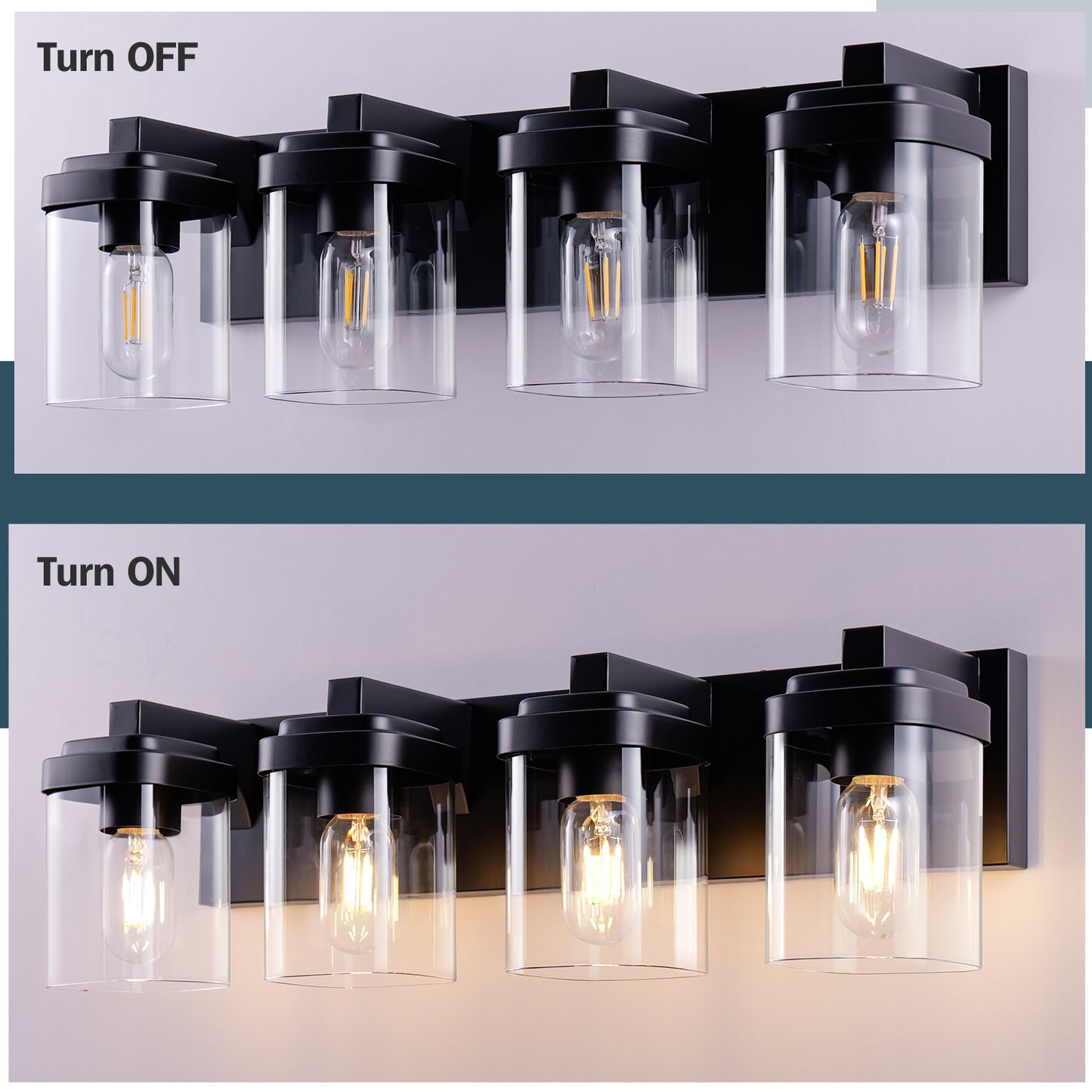 4-Light Matte Black Bathroom Vanity Light Fixture with Clear Glass Shades - Over Mirror Wall Sconce, NO BULBS