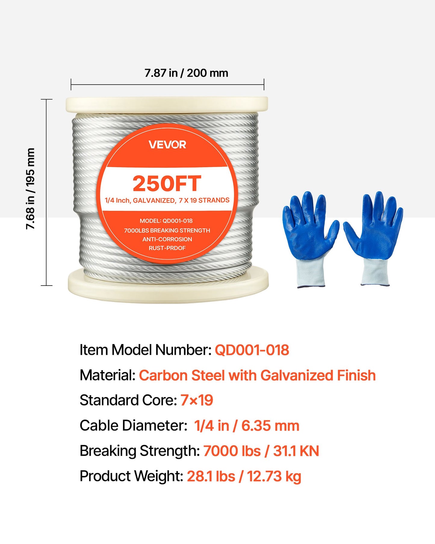 1/4 Inch Galvanized Wire Rope 250 Ft with Gloves - Heavy Duty Garden Cable