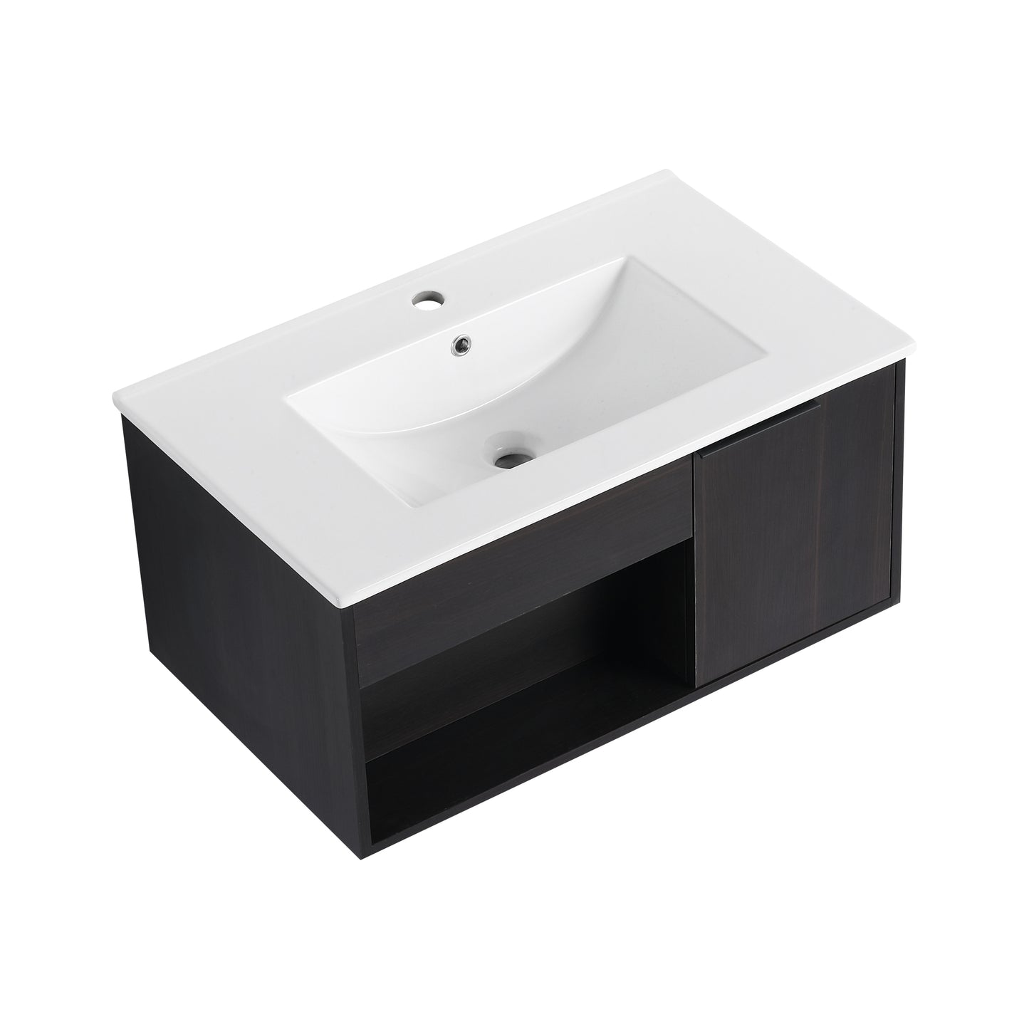 30-Inch Wall-Mounted Bathroom Vanity with Ceramic Sink - Dark Oak