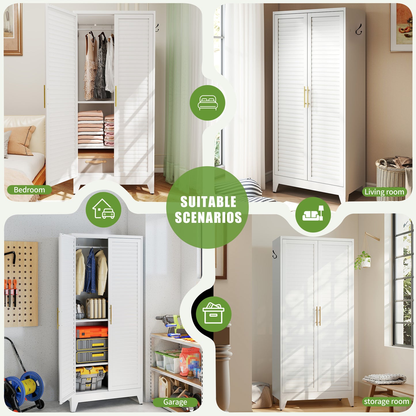 White Metal Wardrobe Closet With 2 Doors, 71in Tall Portable Storage