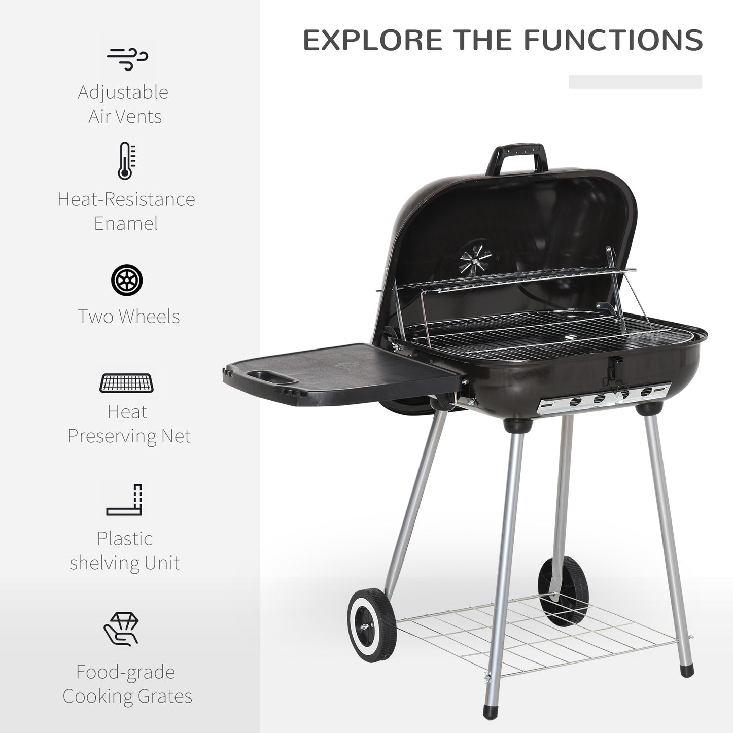 22" Charcoal Barbecue Grill with Side Tray & Portable Wheels