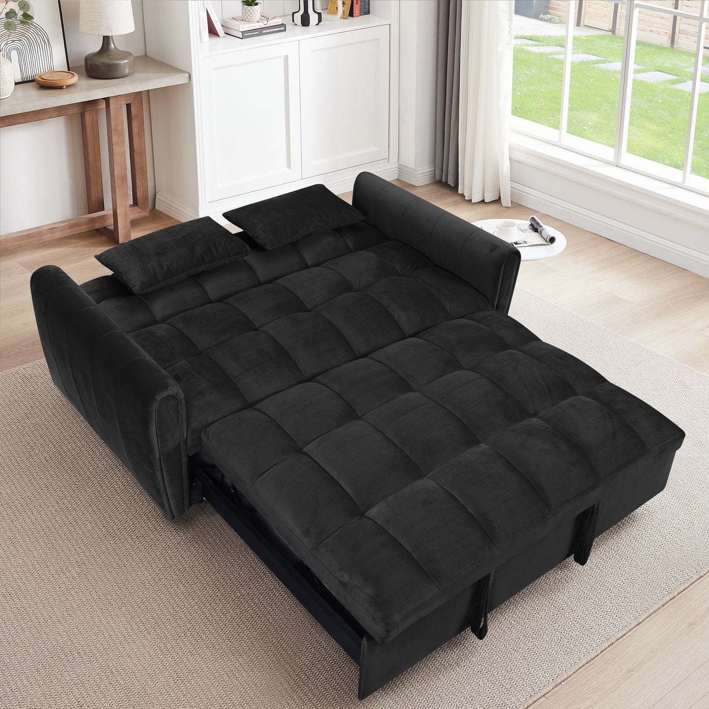 65-Inch Foldable Velvet Sofa Bed with Adjustable Back - Black