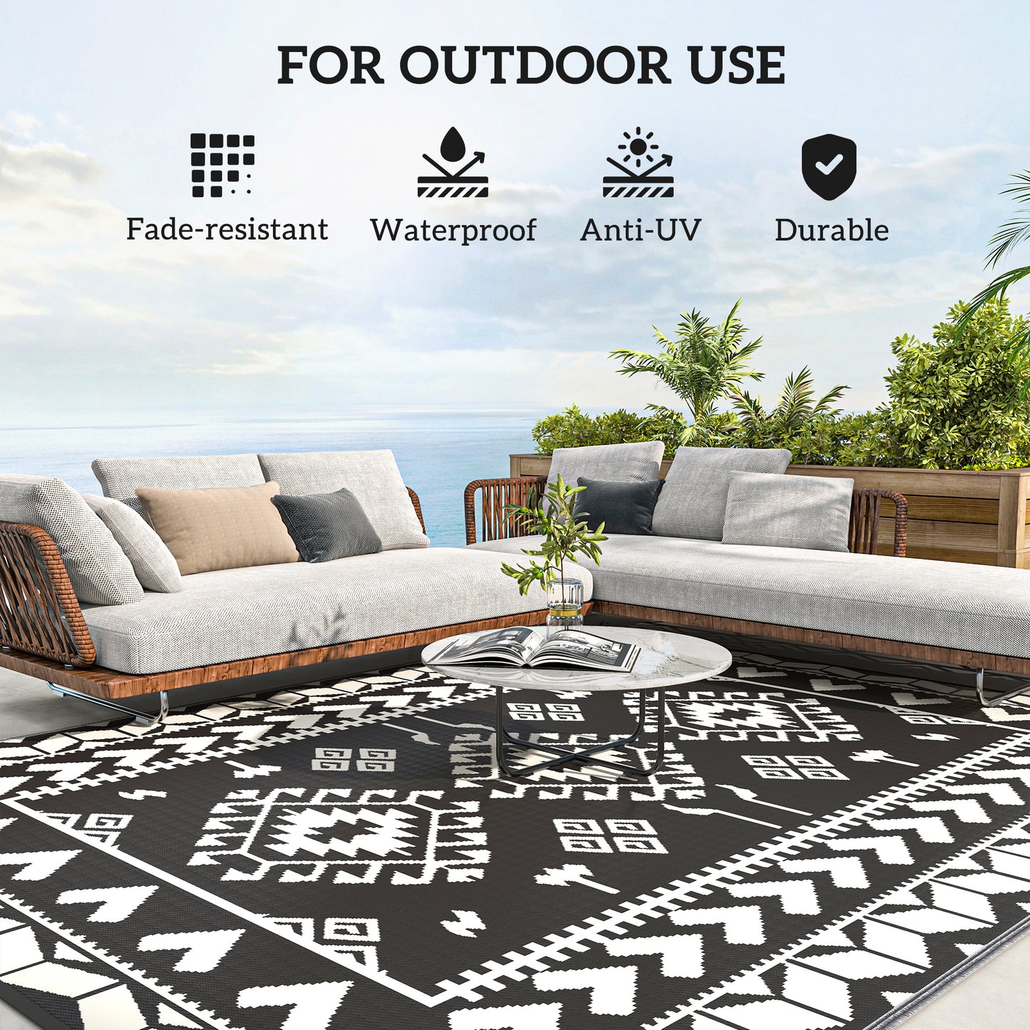 Reversible Outdoor Rug - Waterproof Plastic Straw, 8' x 10', Black & White Patchwork