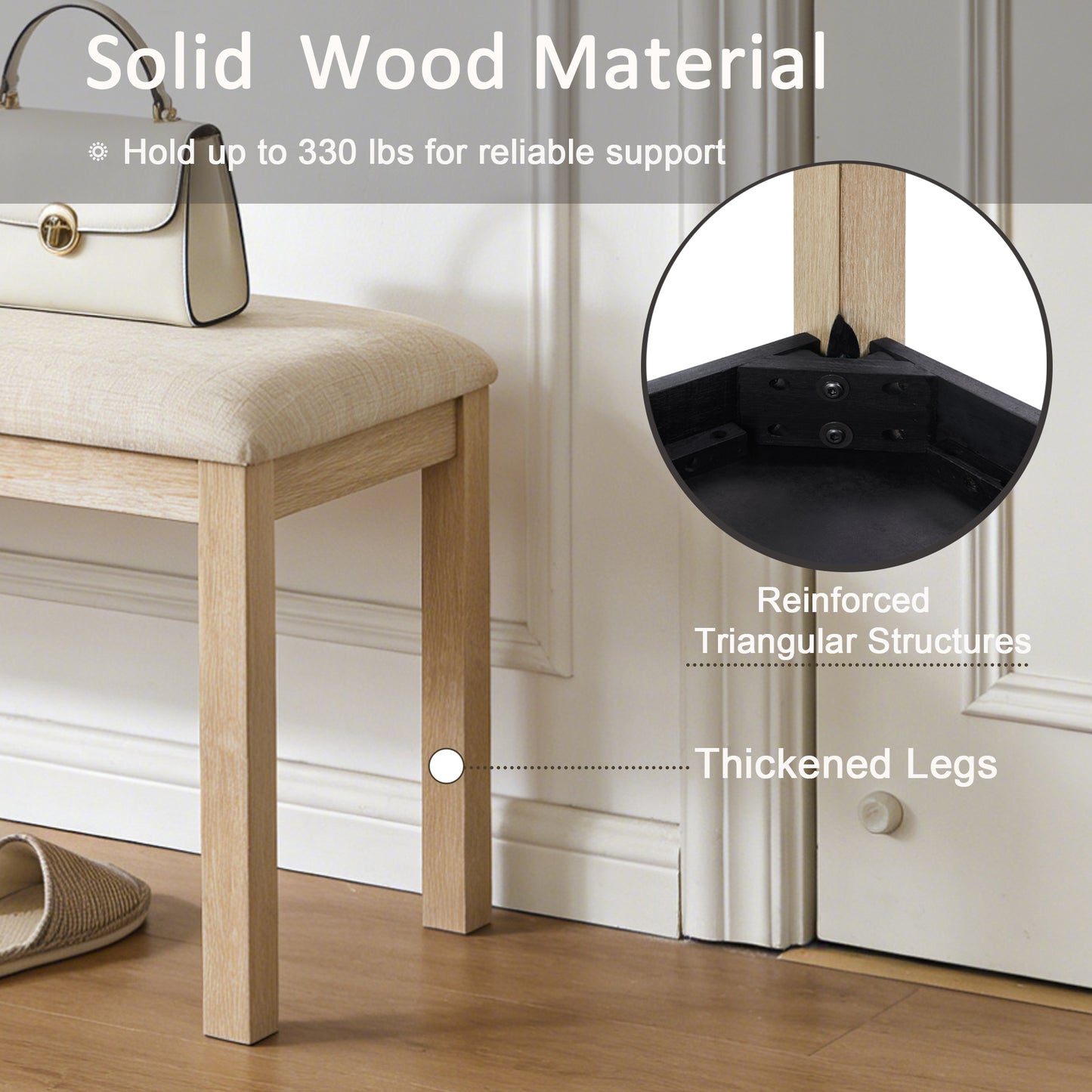 38-Inch Upholstered Dining Bench with Solid Wood Legs - Light Oak & Beige