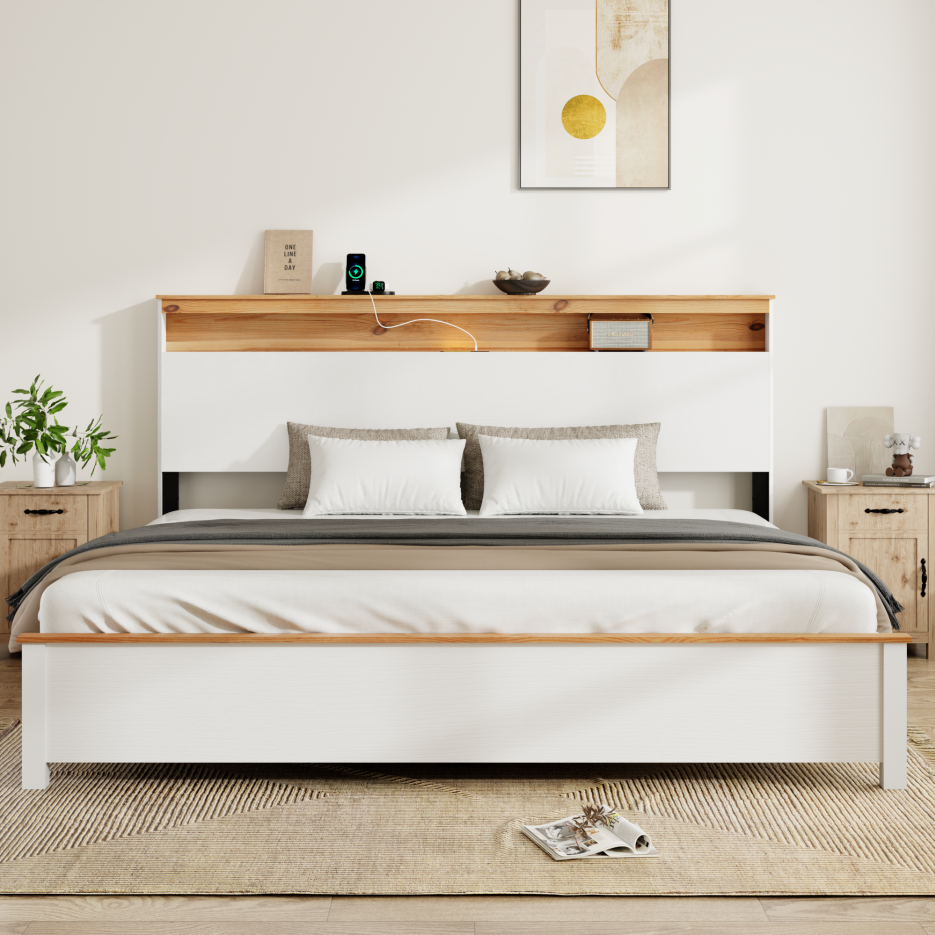 King Farmhouse Wood Bed Frame with Storage Headboard & USB Charging