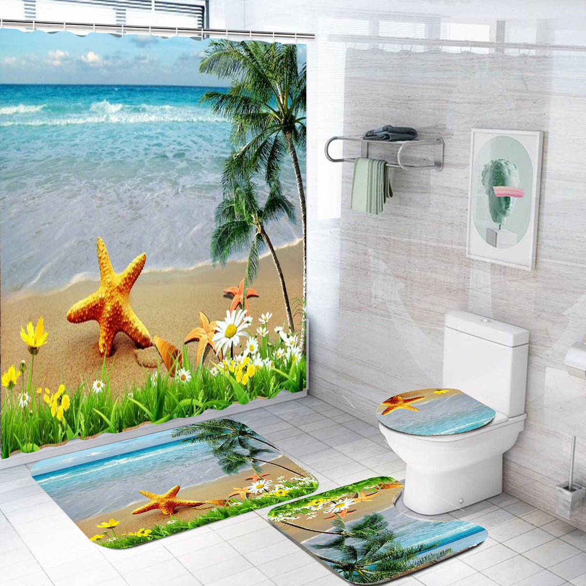 Bathroom Shower Curtain and Floor Mat Set Ocean World Printing - 4 Piece