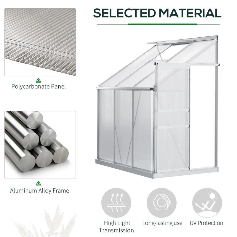 6' x 4' Aluminum Lean-To Greenhouse with Polycarbonate Panels, Adjustable Roof Vent & Rain Gutter