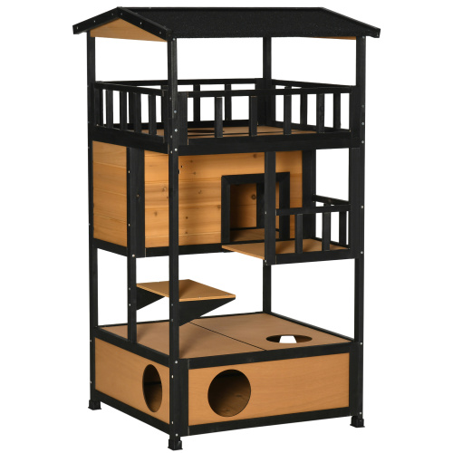 Wooden Outdoor Cat House with Play Platforms and Escape Door - Yellow