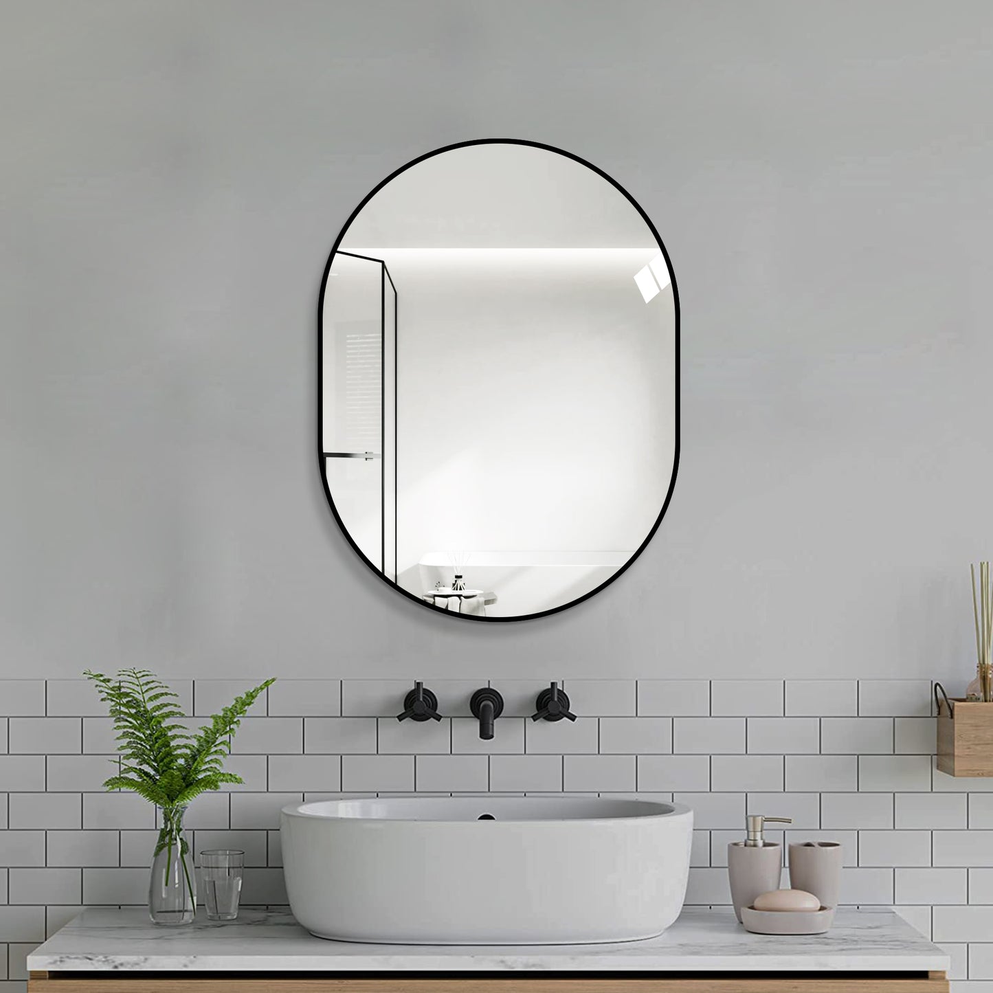 24x32 Framed Capsule Bathroom Mirror - Vertical Wall Mounted, Black