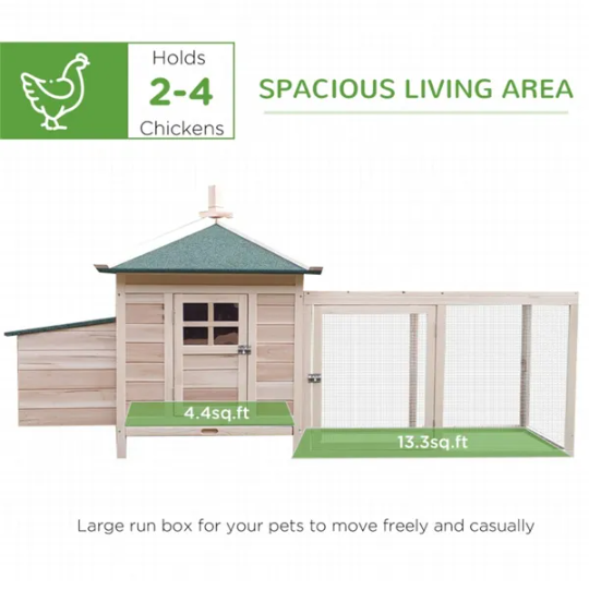 Wooden Chicken Coop with Run and Nesting Box - Pet Poultry House for Backyard Roosters and Hens