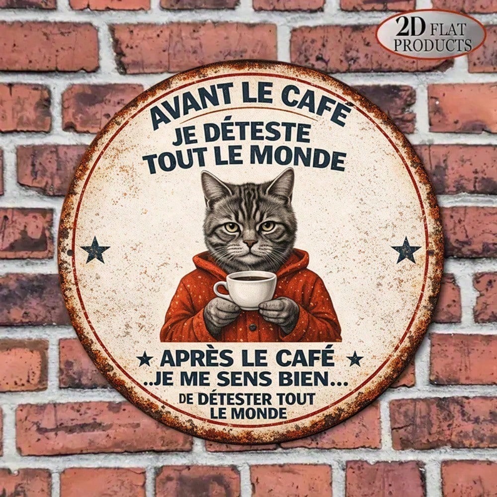 Vintage French Lover Cat Round Metal Wall Sign - 8x8in