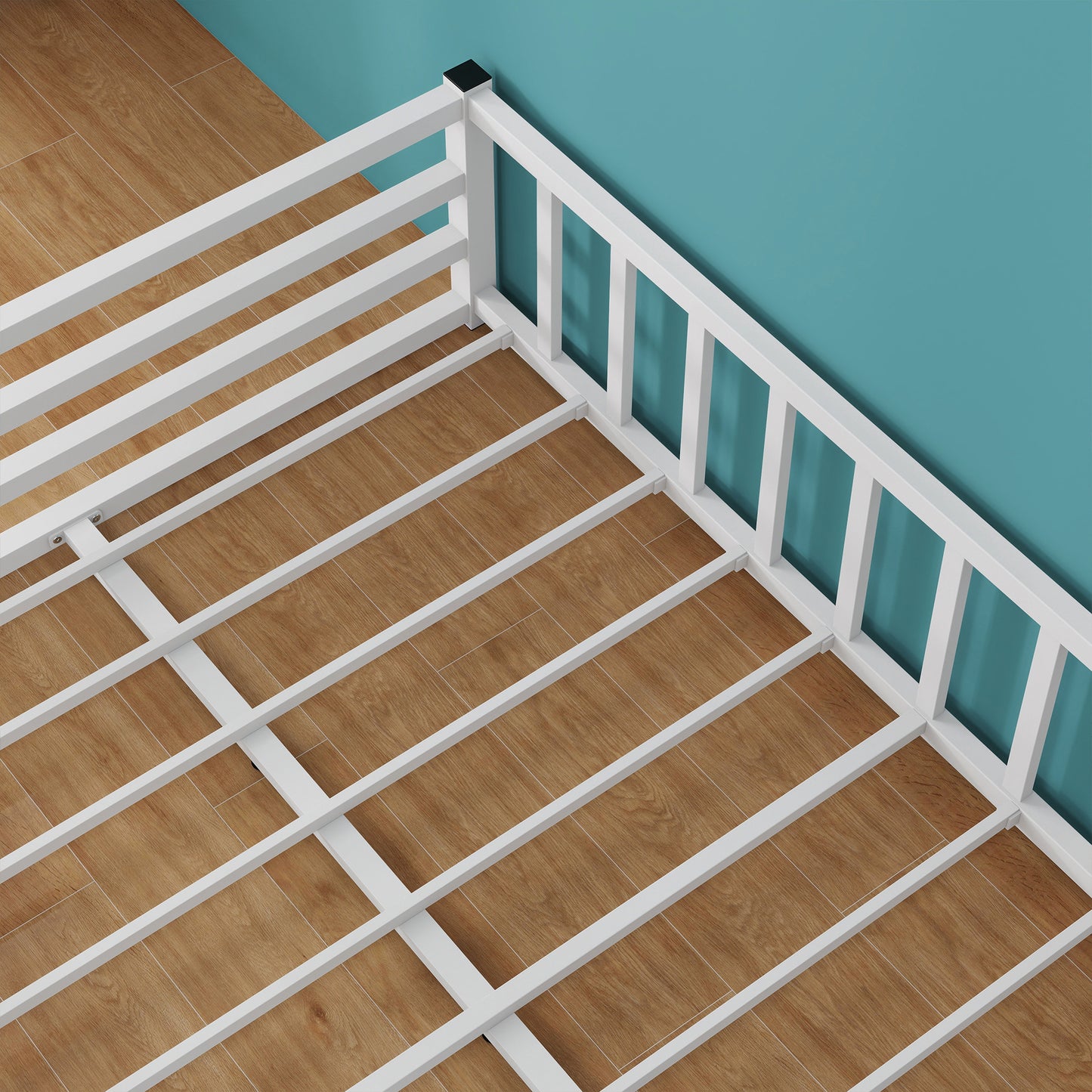 Full Size Low Profile Metal Bed Frame with Guardrails - White