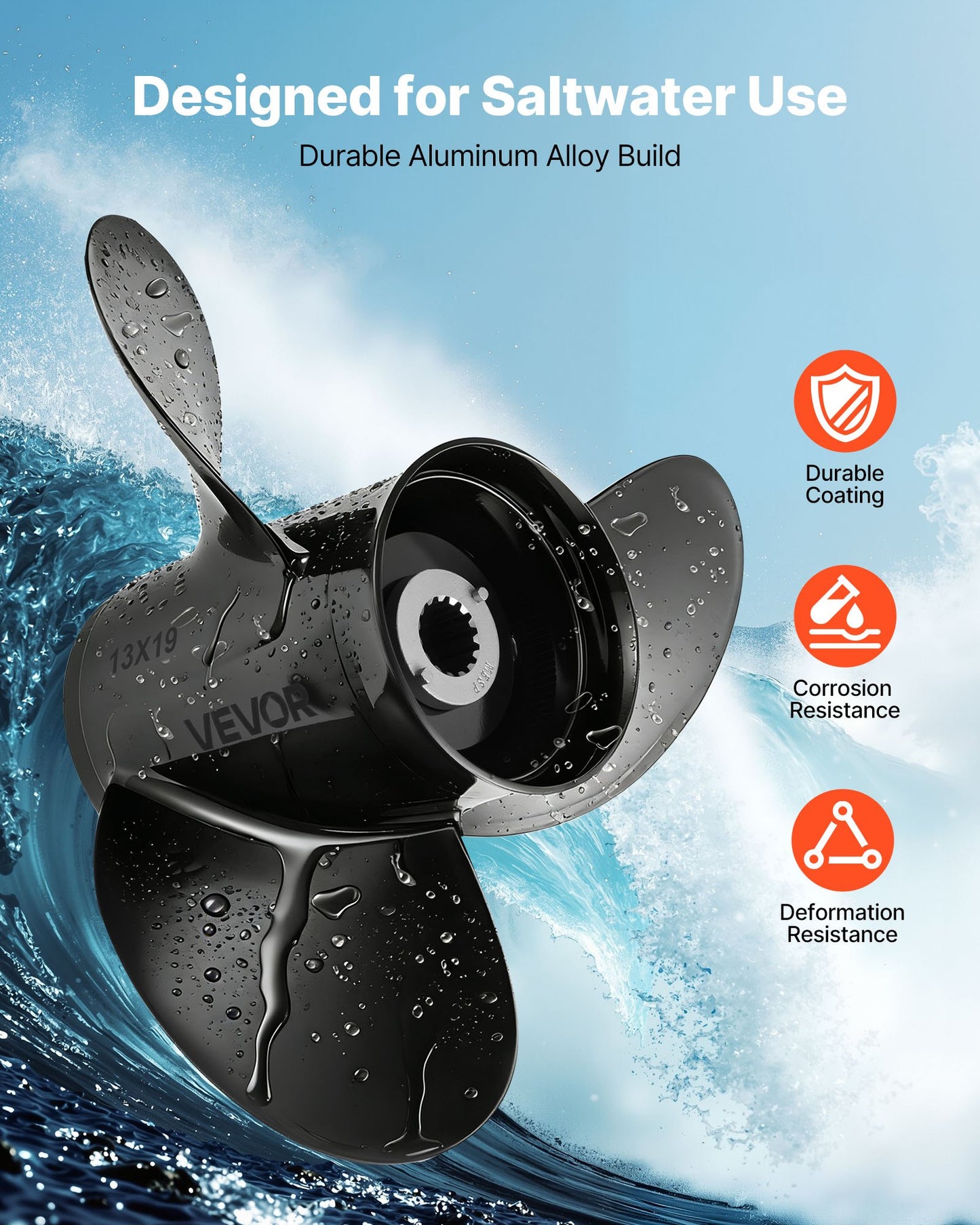 Marine Outboard Propeller 3-Blade RH Fit Mercury 40-140 HP Aluminum