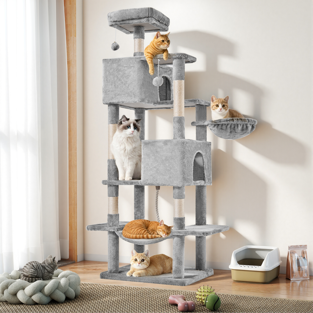 Large 66 Inch Multi-Level Cat Tree Tower with Condos & Hammock - Indoor Pet Furniture