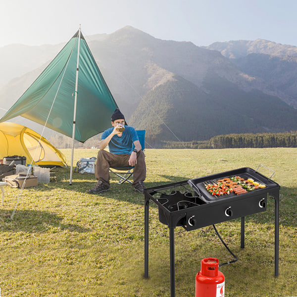 High-Power Three Burner Gas Stove - 225,000 BTU, Cast Iron