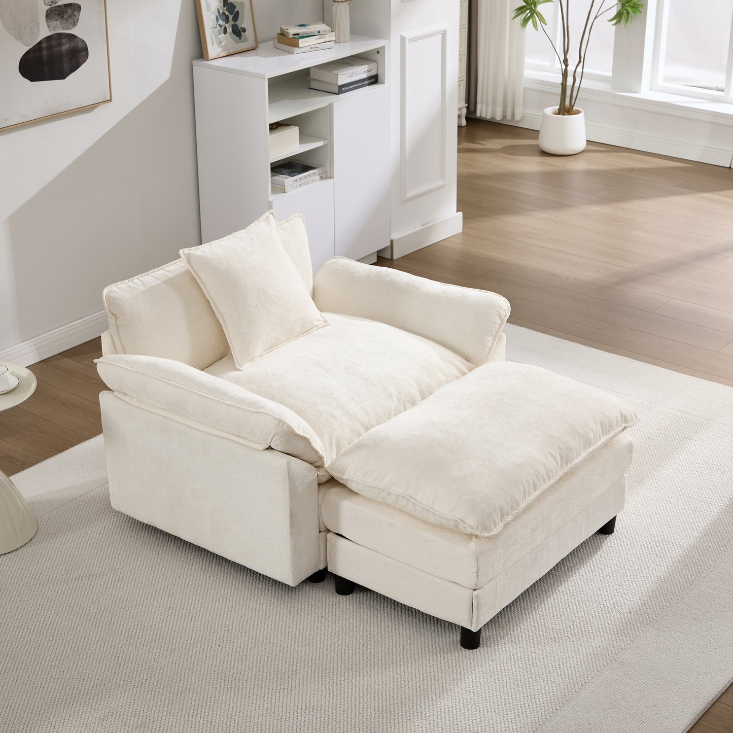 Modern Chenille Accent Chair with Ottoman - Beige Upholstered Armchair
