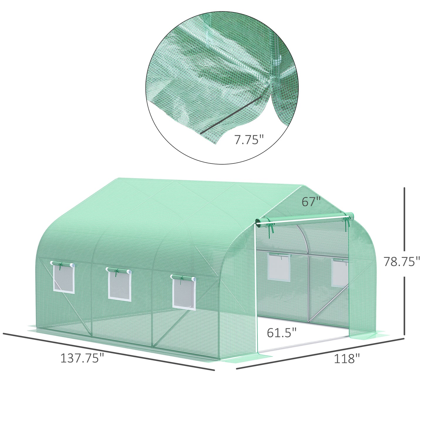 Outdoor Walk-In Tunnel Greenhouse 11.5 x 10 x 6.5 ft with Roll-up Windows & Zippered Door - Green