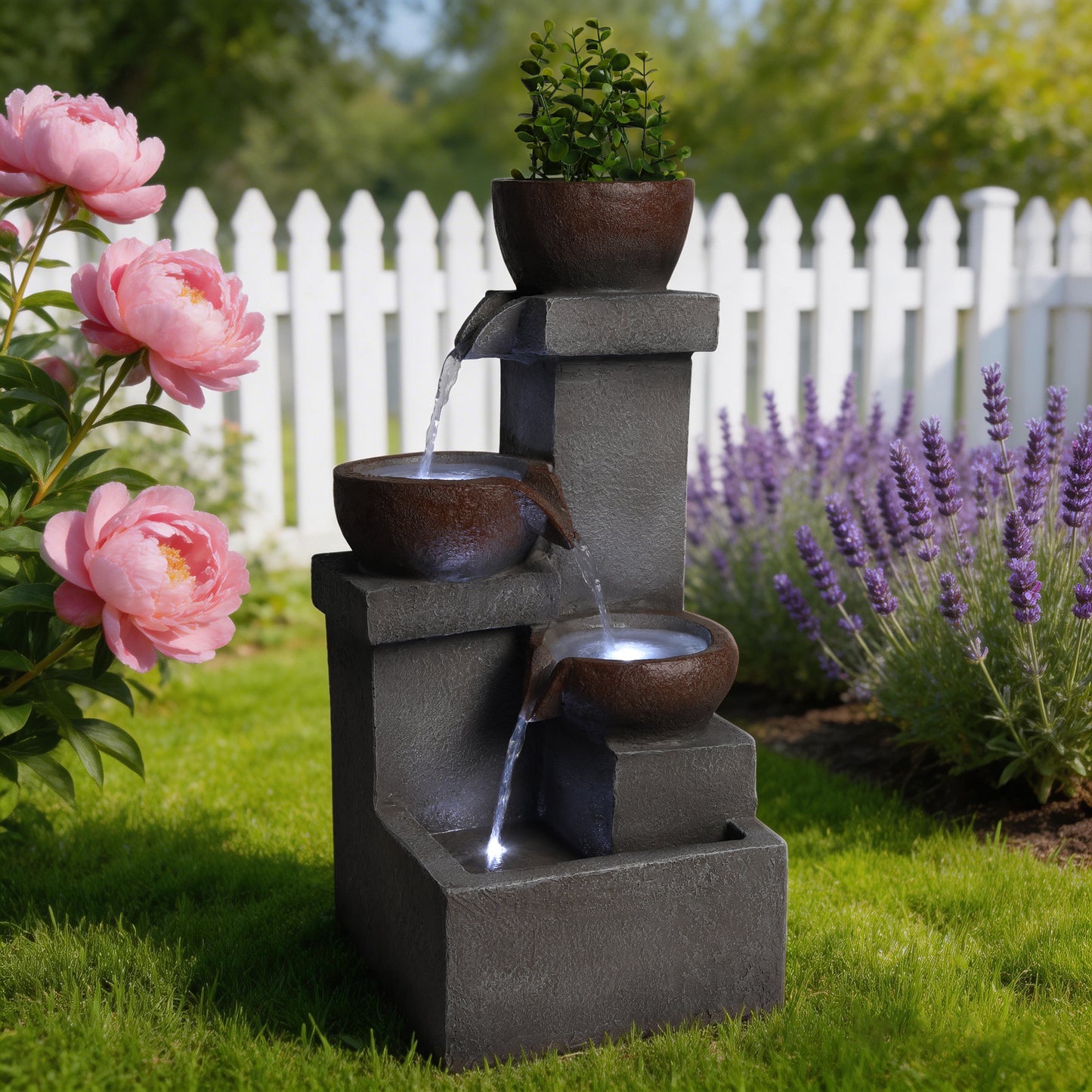 Outdoor Tiered Water Fountain with LED Lights Resin Garden Decor 23in