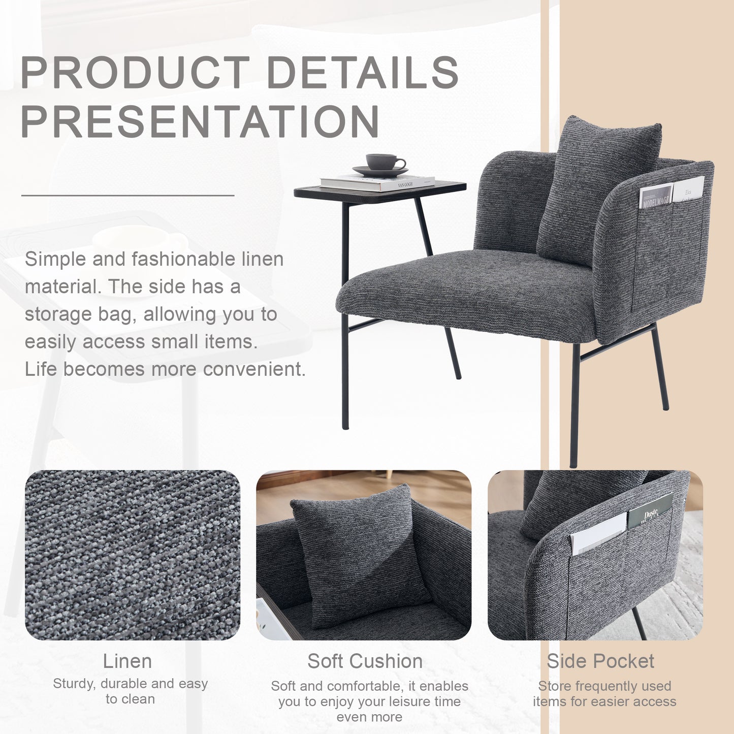 Modern Upholstered Leisure Chair with Side Table & Back Pillow - Dark Gray
