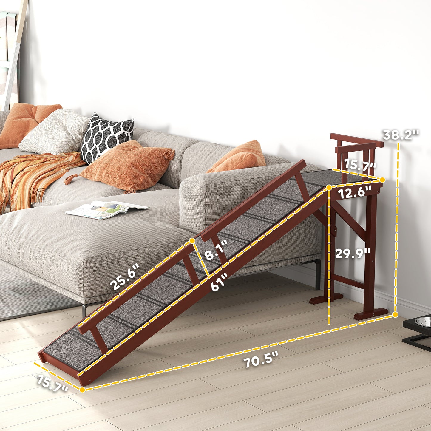 Wooden Dog Ramp with Removable Guardrails, Non-Slip Surface, 70.5 Inches