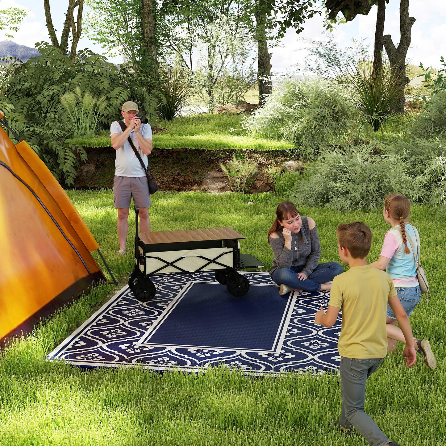Reversible Waterproof Outdoor Rug - 8' x 10', Blue & White Gourd Border