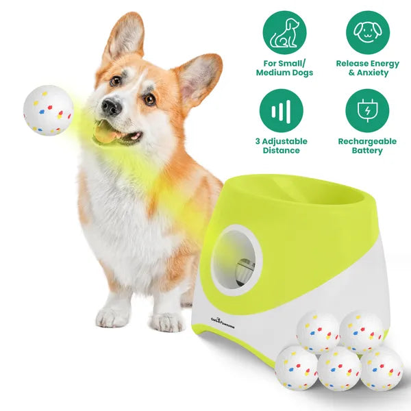 Rechargeable Dog Ball Launcher with 3 Adjustable Distances - Interactive Fetch Toy for Small & Medium Dogs - 6 Pcs 2.3in Balls