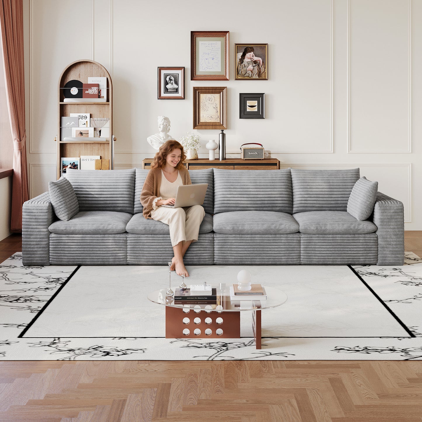 134" Cloud Sofa - Corduroy Fabric, Deep Seat, Removable Cushion, Grey