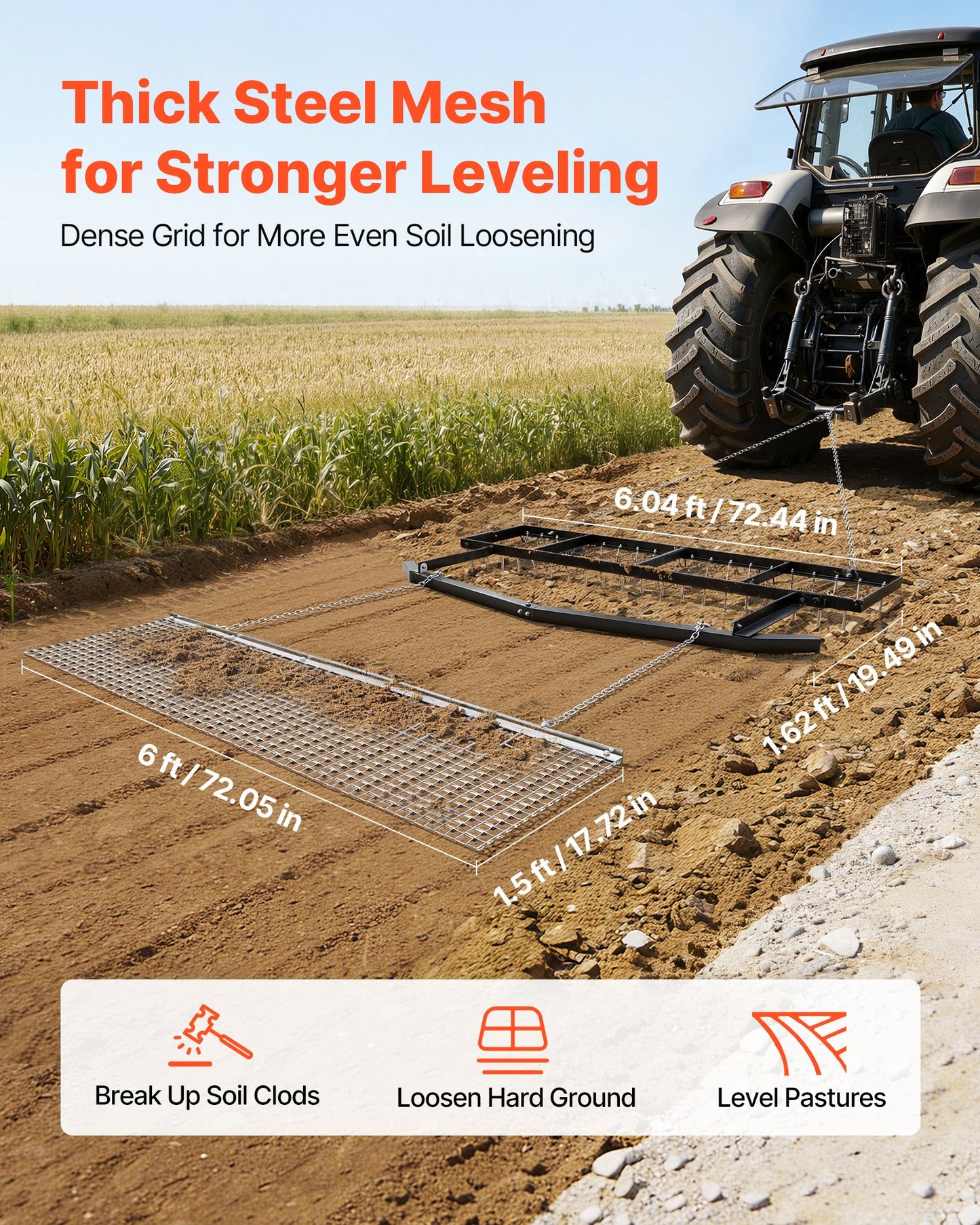 6 Ft Tow-Behind Drag Harrow with Chain, Heavy Duty Steel Lawn Leveler for Gravel Driveways