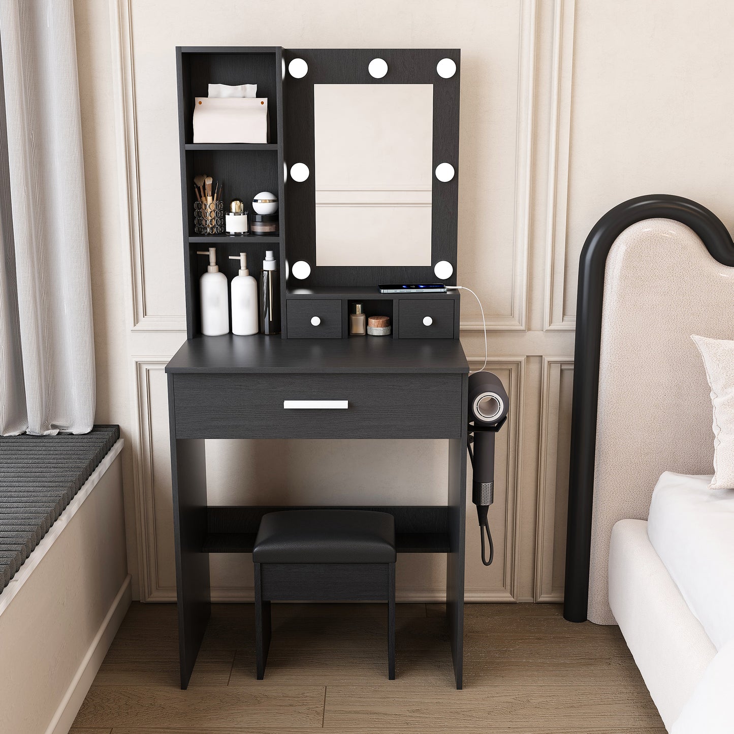 Vanity Table With Mirror & Adjustable LED Lights, Power Outlet,