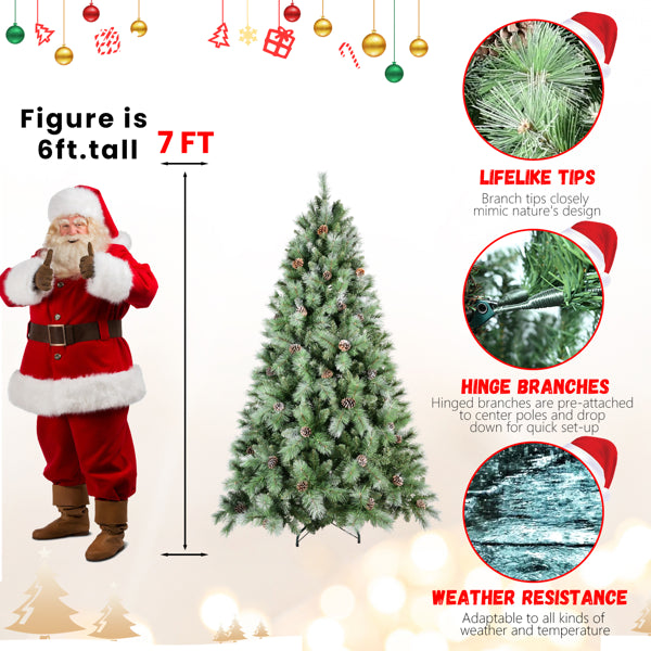 7ft Artificial Christmas Tree with Pine Cones and Hinged Base