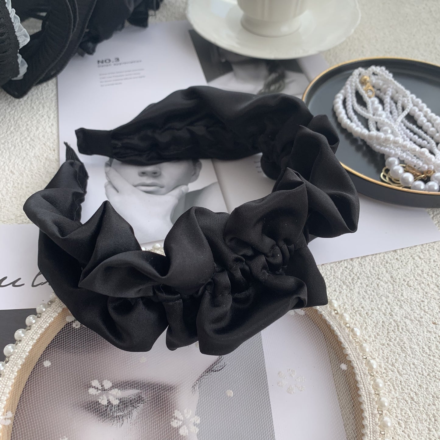 Black Rhinestone Hair Hoop - Exaggerated Wooden Ear Headdress for Hair Styling