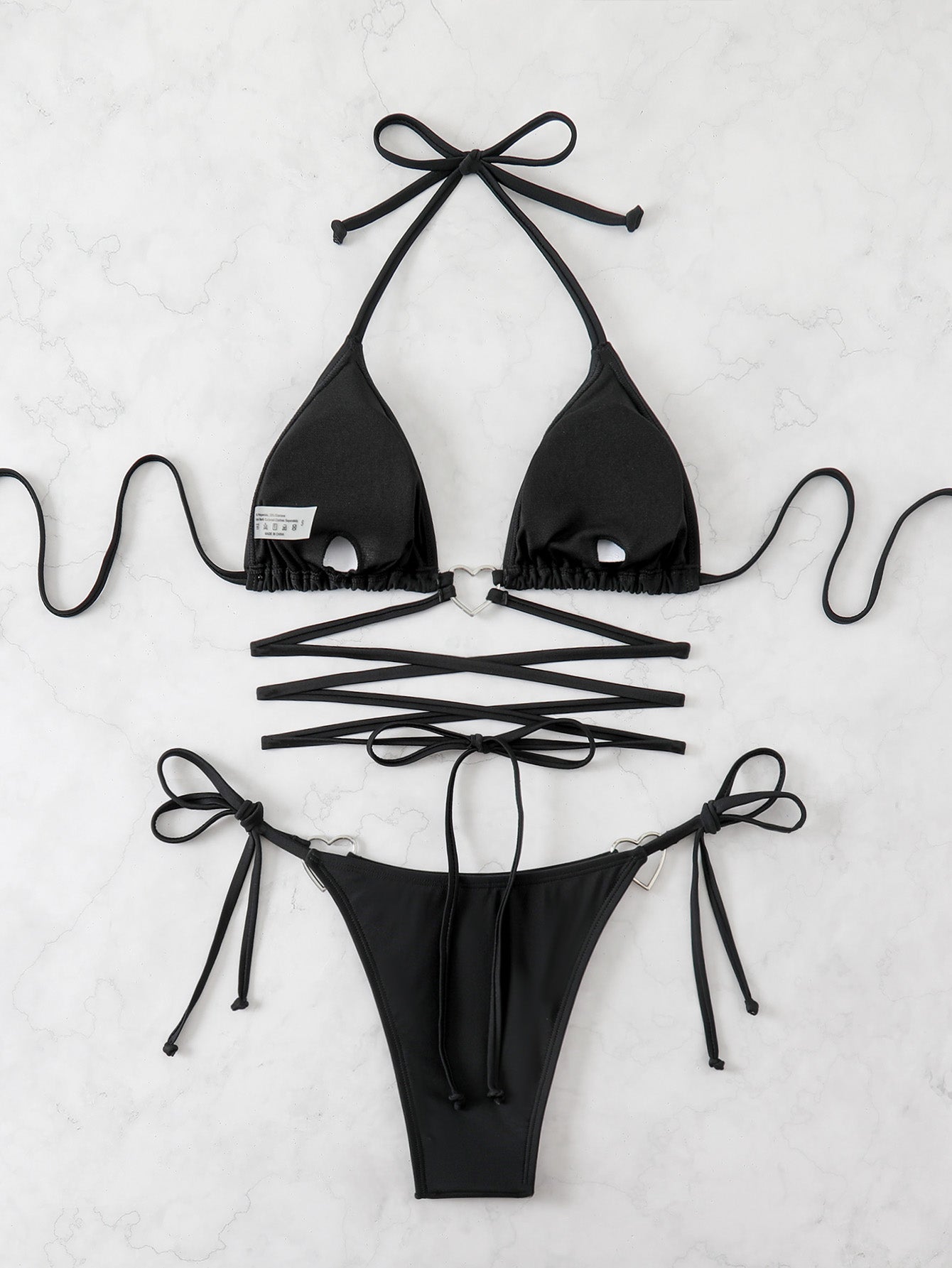Women's Black Triangle Bikini Set with Lace-Up Top & Tie-Side Bottom