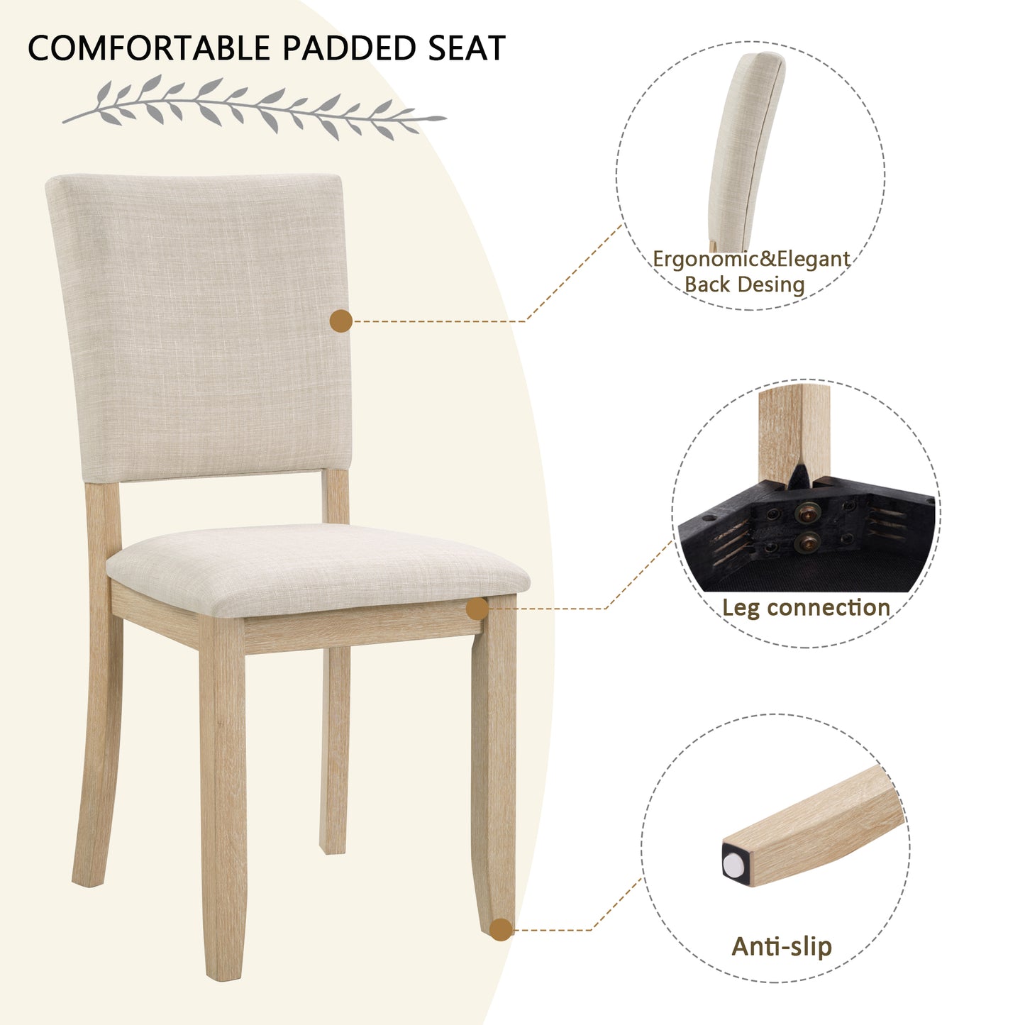 Modern Minimalist Dining Chairs Set of 4 with Padded Seat - Light Oak & Beige