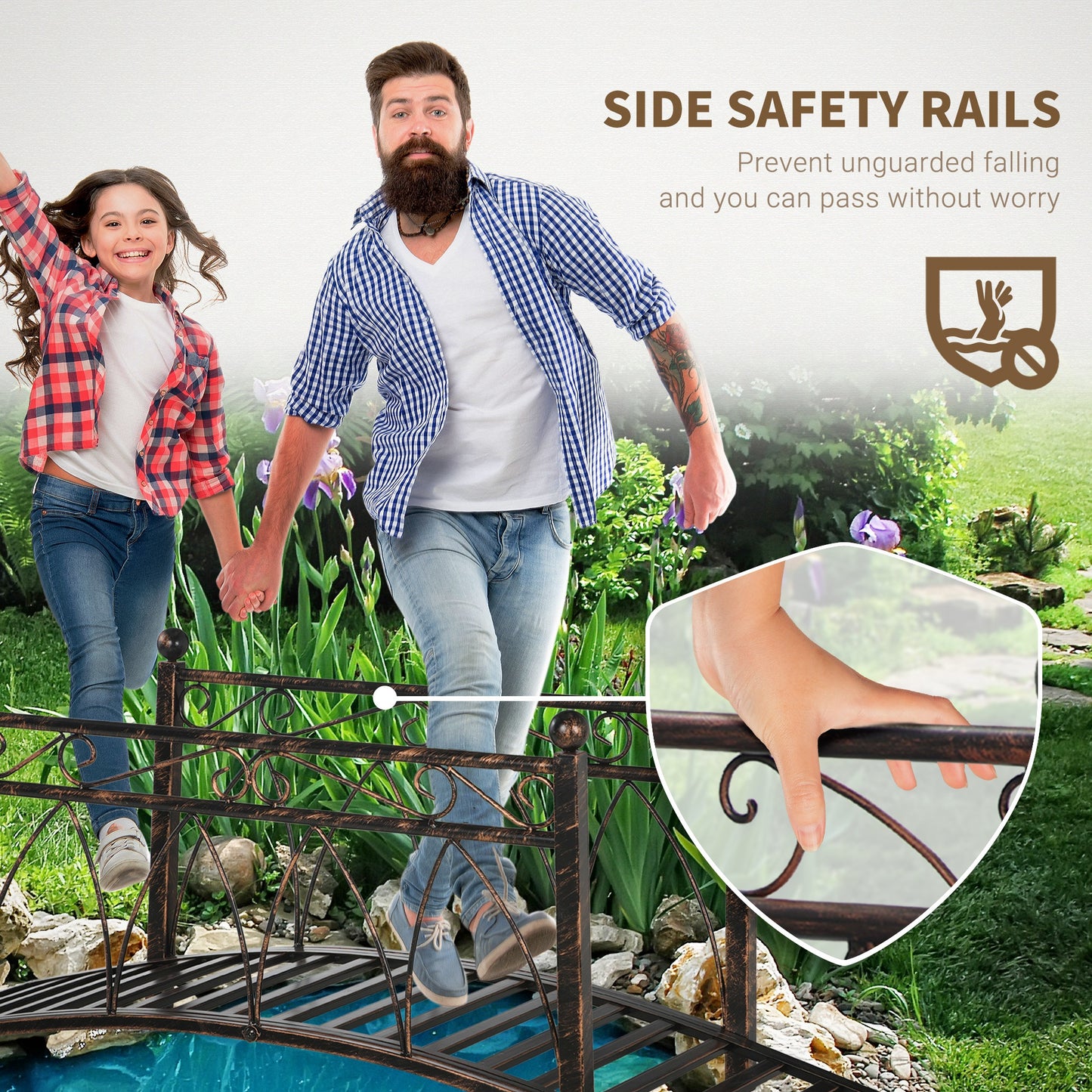 Metal Arch Garden Bridge with Safety Siderails - Bronze, 1110x160x460mm