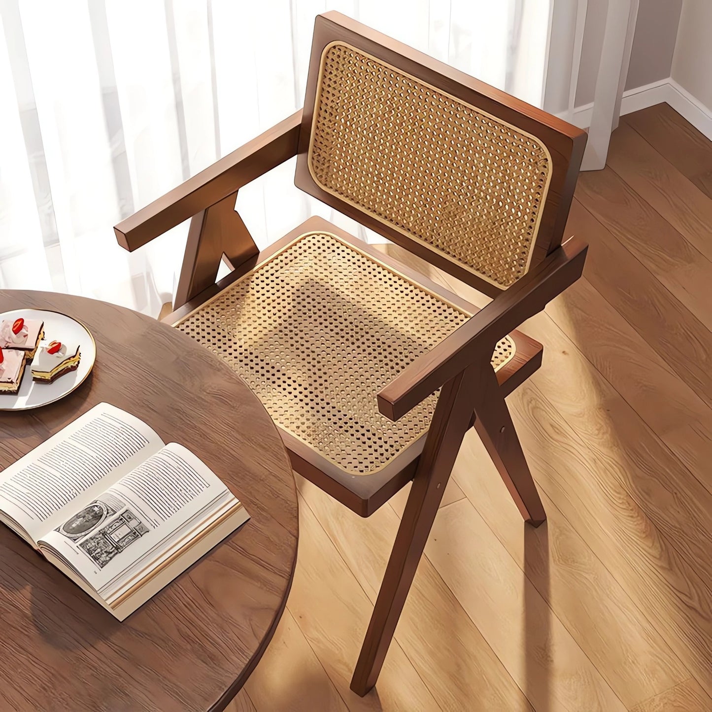 Mid Century Modern Dining Chairs Set of 2 - Brown Rattan Accent Armchairs