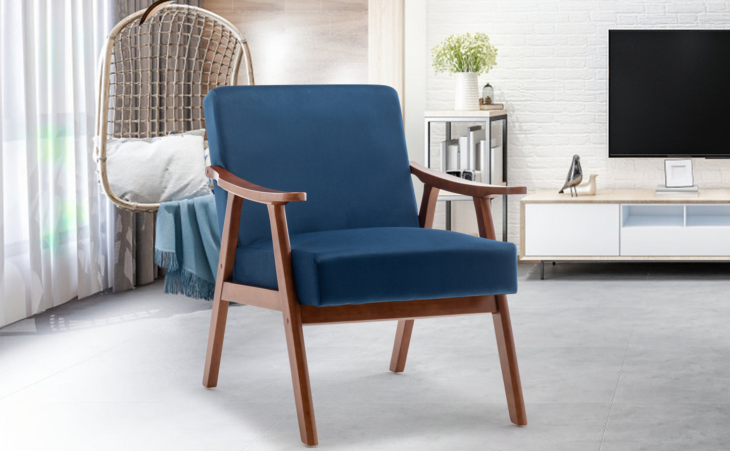 Mid-Century Modern Accent Chair - Blue Velvet Lounge Chair