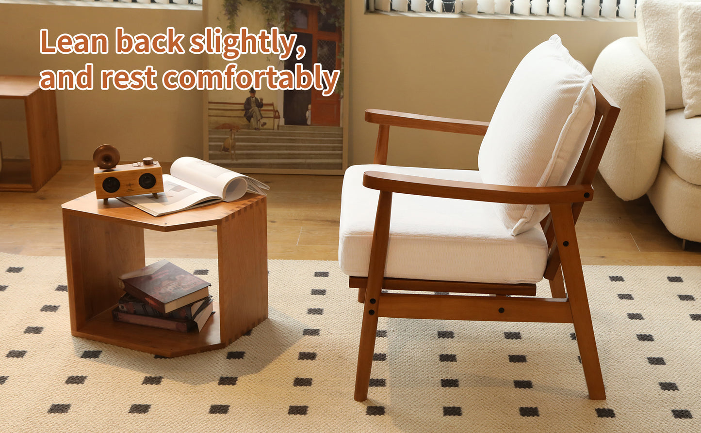 Accent Chair with Solid Wood Frame - White Fabric Cushion