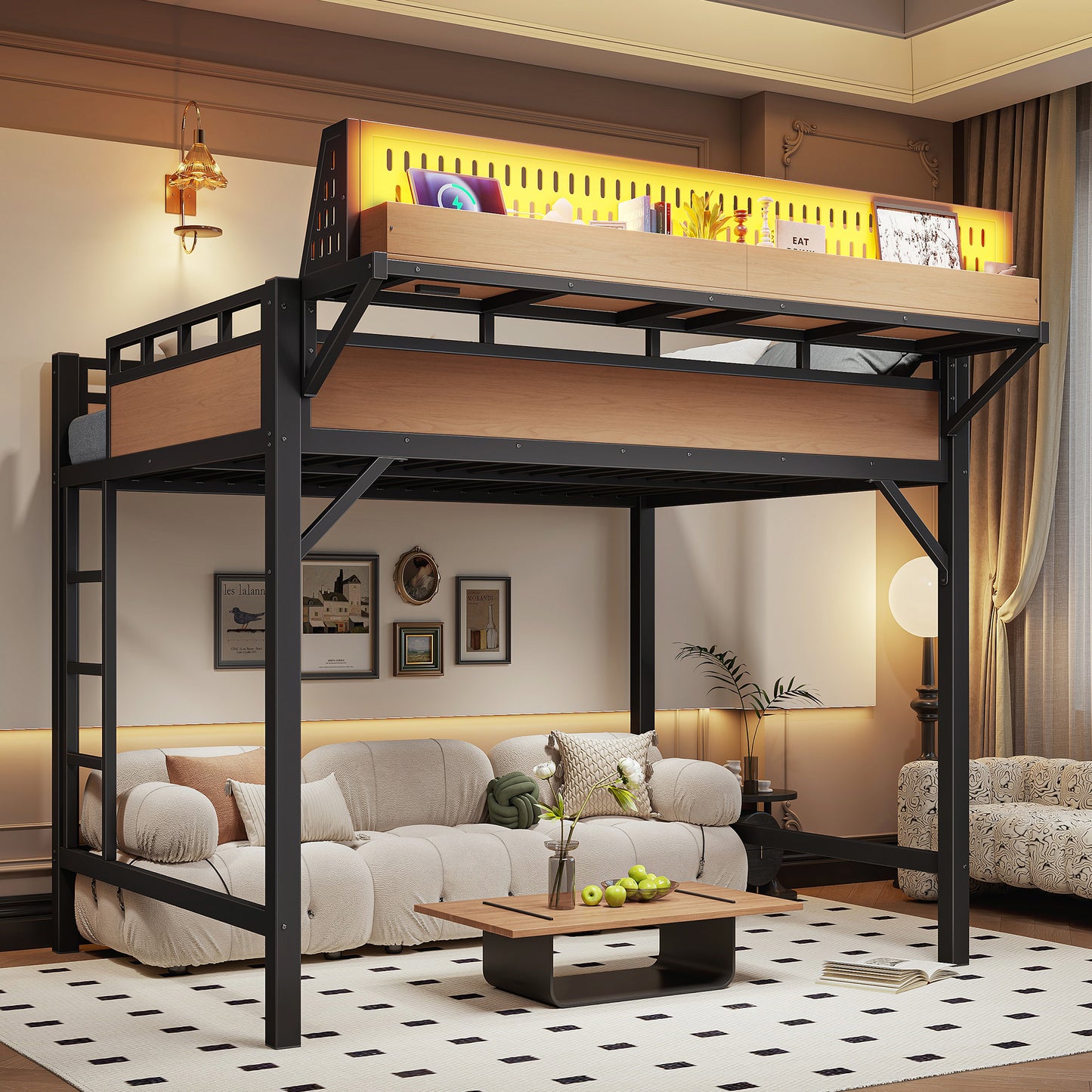 Full Size Metal Loft Bed with Storage, USB Ports & LED Lights - Natural