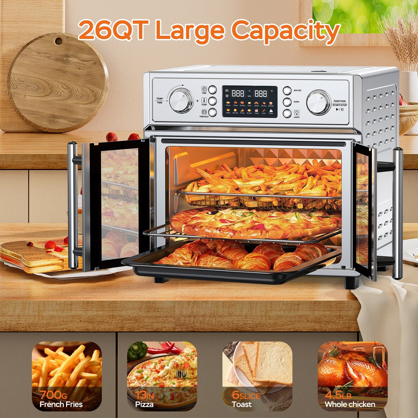 29.5QT Digital French Door Air Fryer Toaster Oven - 14 Presets, Stainless Steel