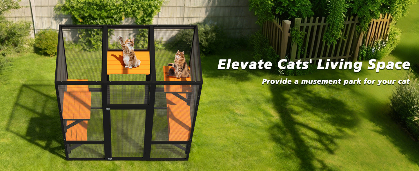 Large Wooden Cat Enclosure with Waterproof Cover and Multiple Platforms