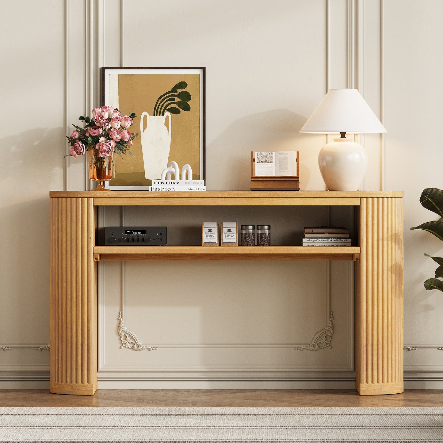 Rustic Console Table with Fluted Legs - Farmhouse Oval Accent Table